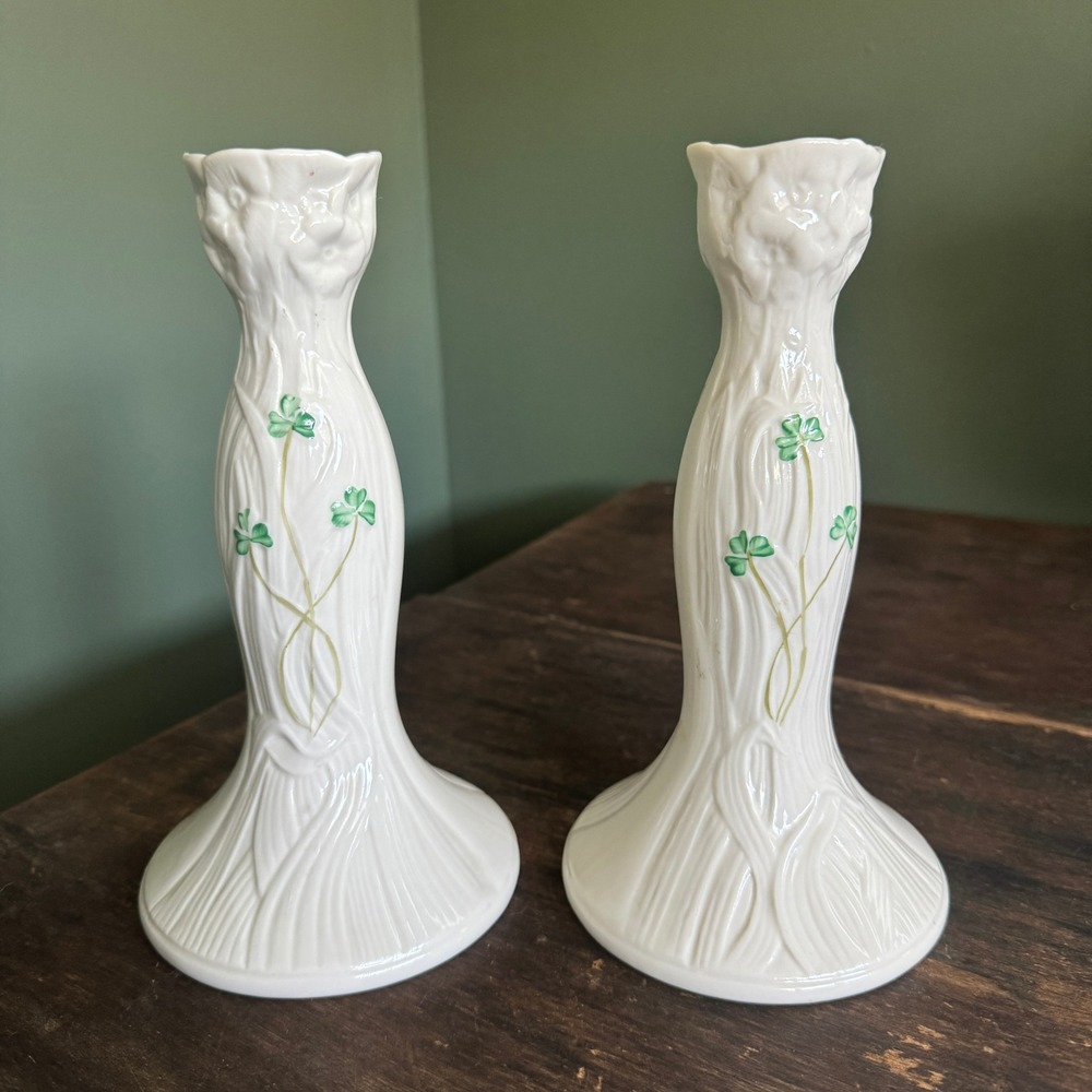 Pair of Belleek Ireland 8" Daisy Candlestick Shamrock White Green